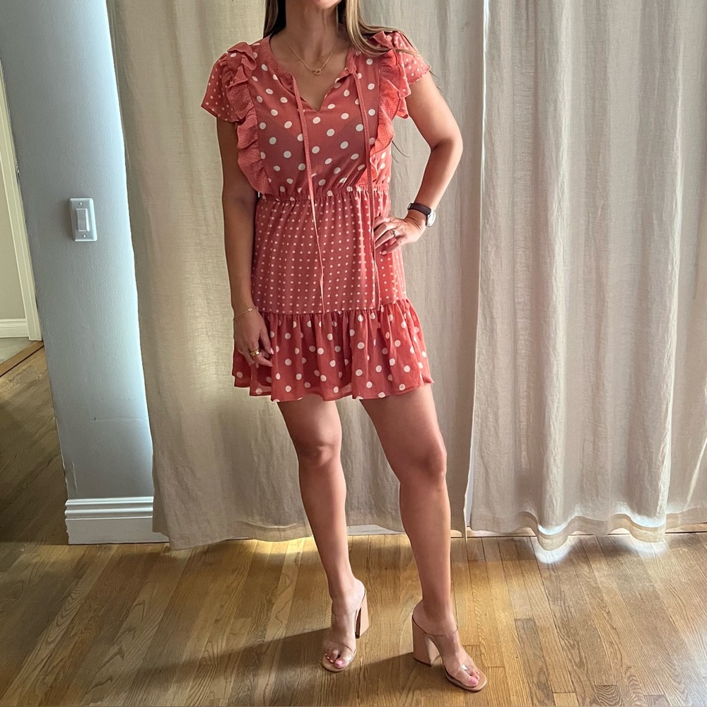 Women’s E&M pink polka dot ruffle cap sleeve flirty boho Spring dress coquette M